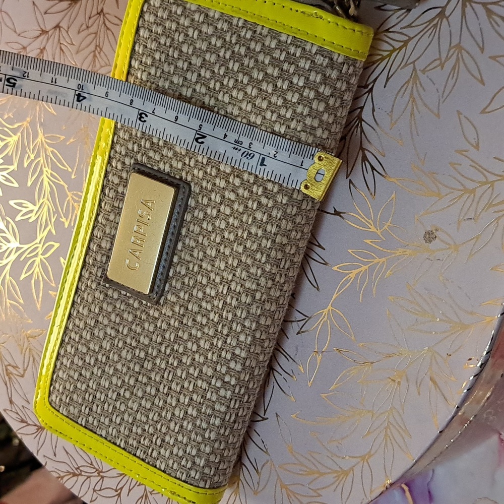 Carpisa Wallet. New Without Tags. Neon Yellow Patent Trim. Body Tan/White Weave. - Picture 6 of 6